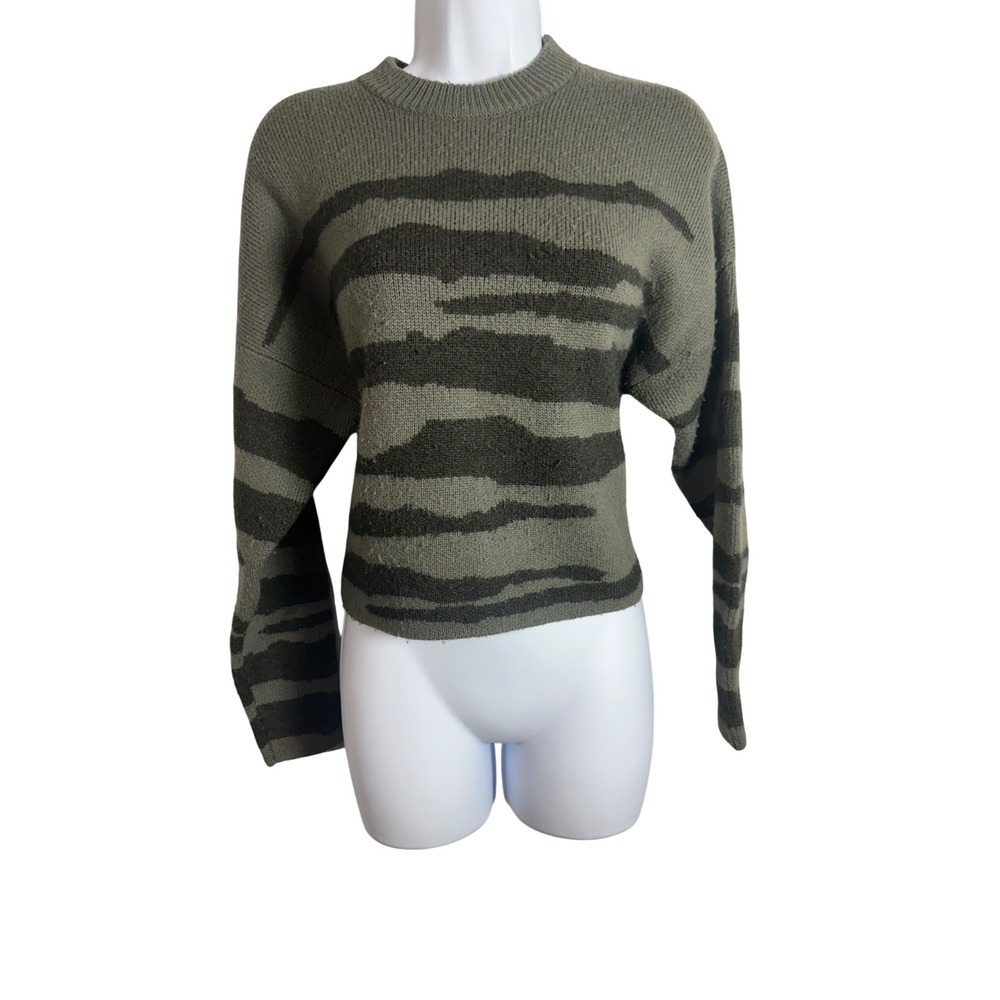 NAADAM Womens Olive Green Tiger Stripe Wool Cashmere Blend Cropped Sweater S